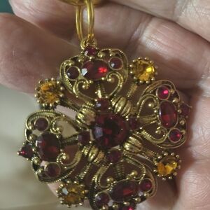 Purse Charm or Key Chain Gold Tone  Pendant Red Bling Repurposed jewelry